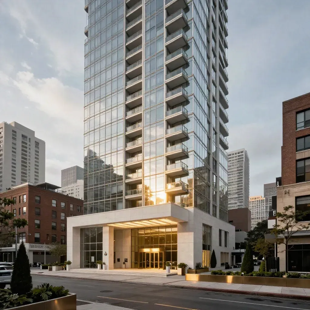 Low-upward view of a glass condo tower with balconies and bright canopy in dense city context.
