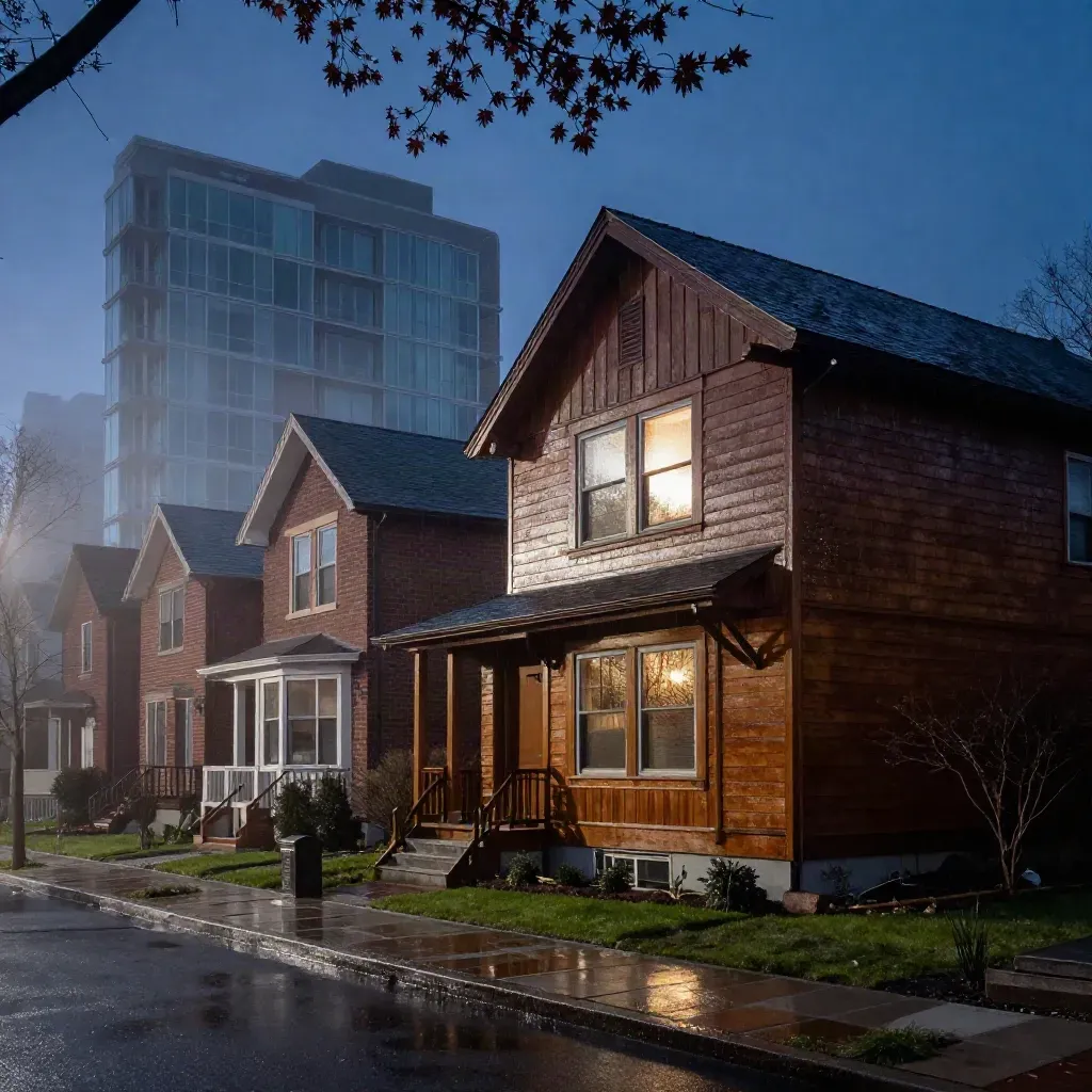Low-angle Canadian home street at dawn with mist, wet stone, semis, and condo tower.