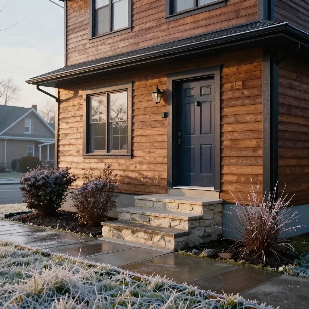 Canadian cedar-sided house with wet stone stoop in morning sun