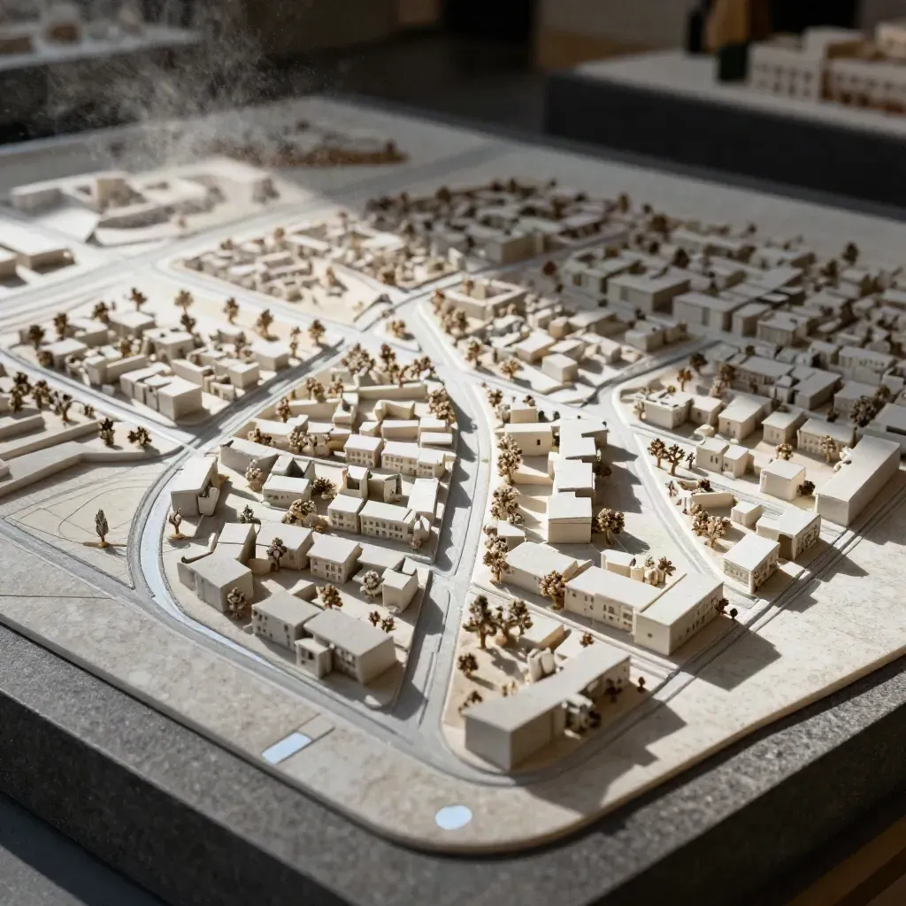 Sunlit raised neighborhood map model with route grooves, park voids, and dust in the beam