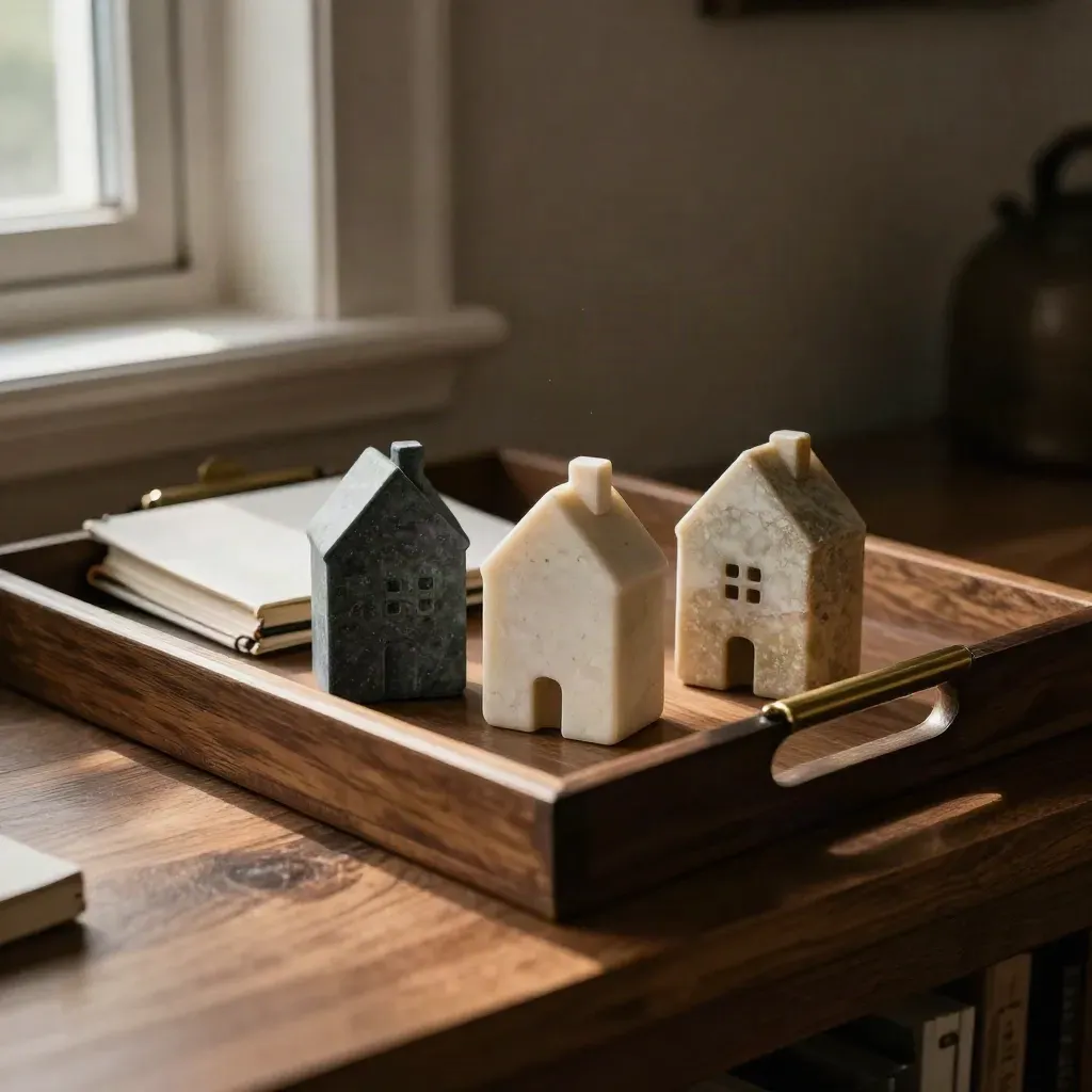 Tray of matte house tokens and notebook in a warm foyer, lit by window haze.