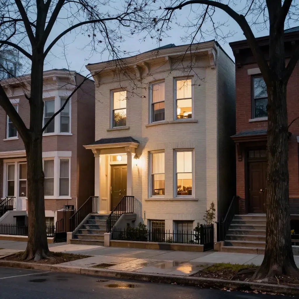 Dusk-lit cream-brick Toronto home on a wet tree-lined street with rowhouses behind.