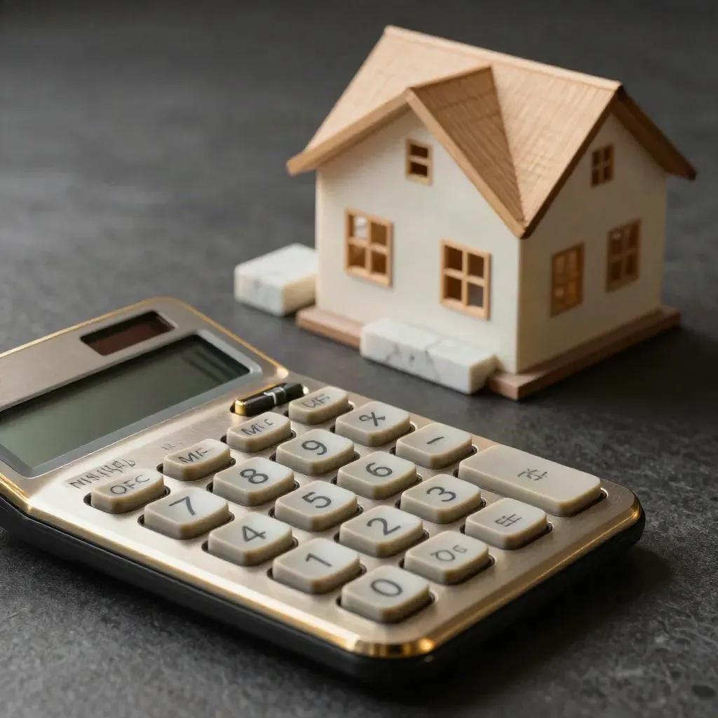 Brushed calculator, tiny house model, and stone blocks on a dark counter under hard gold light.
