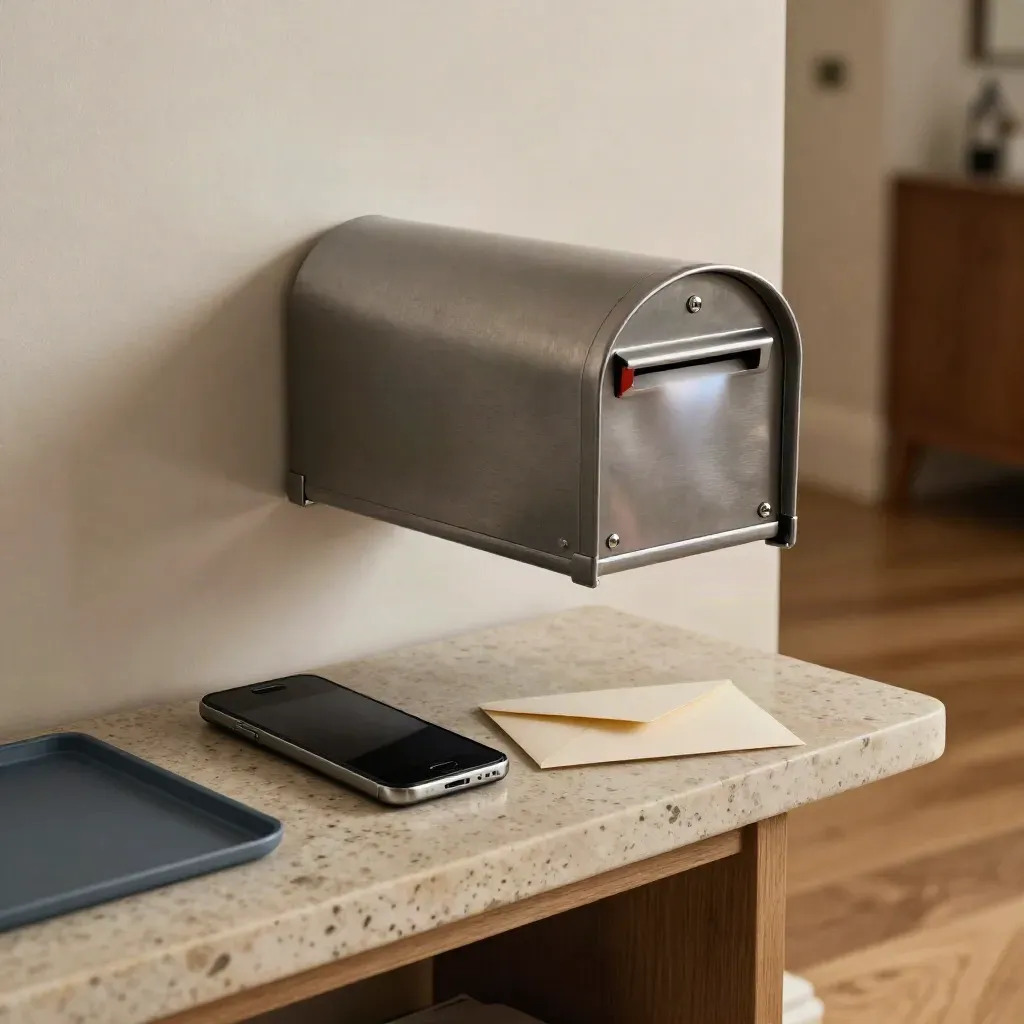 Brushed mailbox, face-down phone, and envelope on a stone foyer console at dusk.