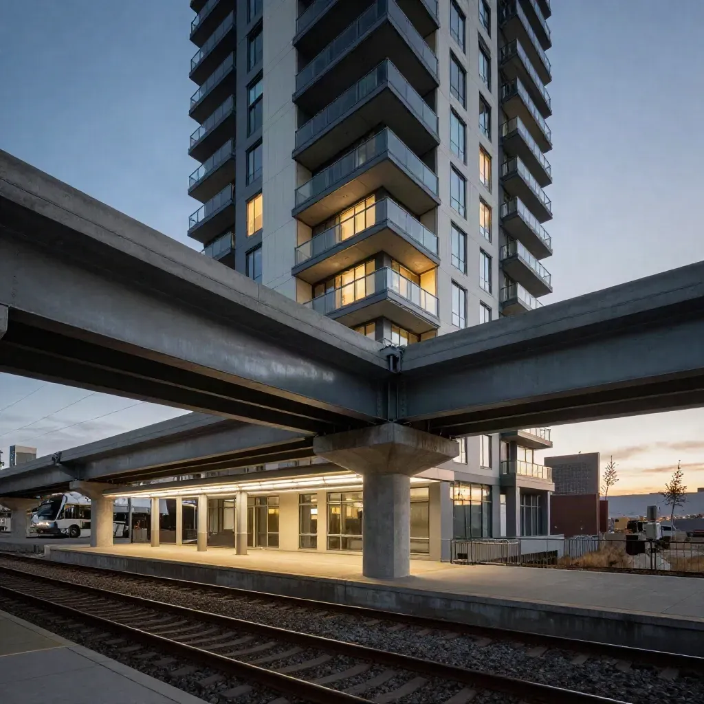 Calgary condo tower beside an elevated transit guideway and glowing station platform at dusk