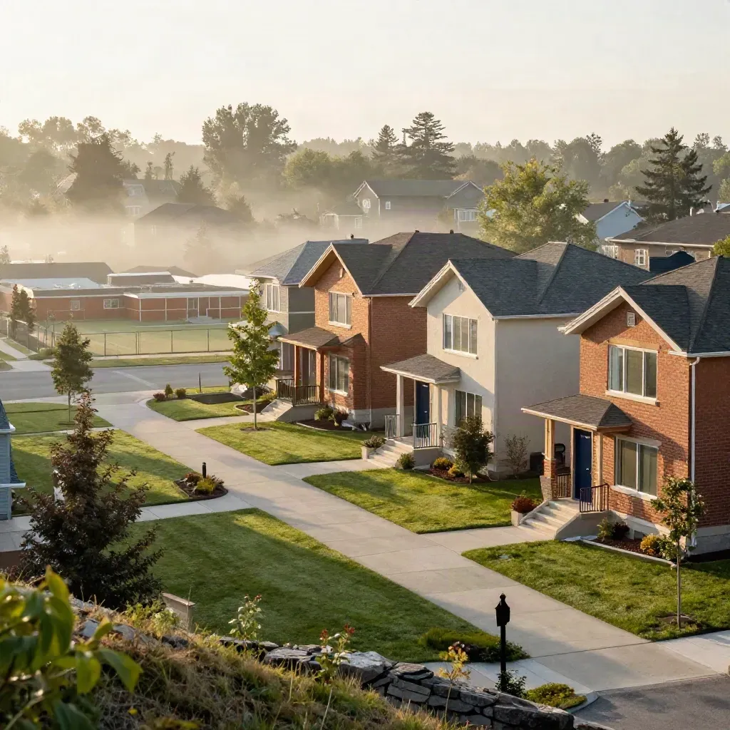 Misty morning suburb with three home styles, schoolyard fence and curving park path