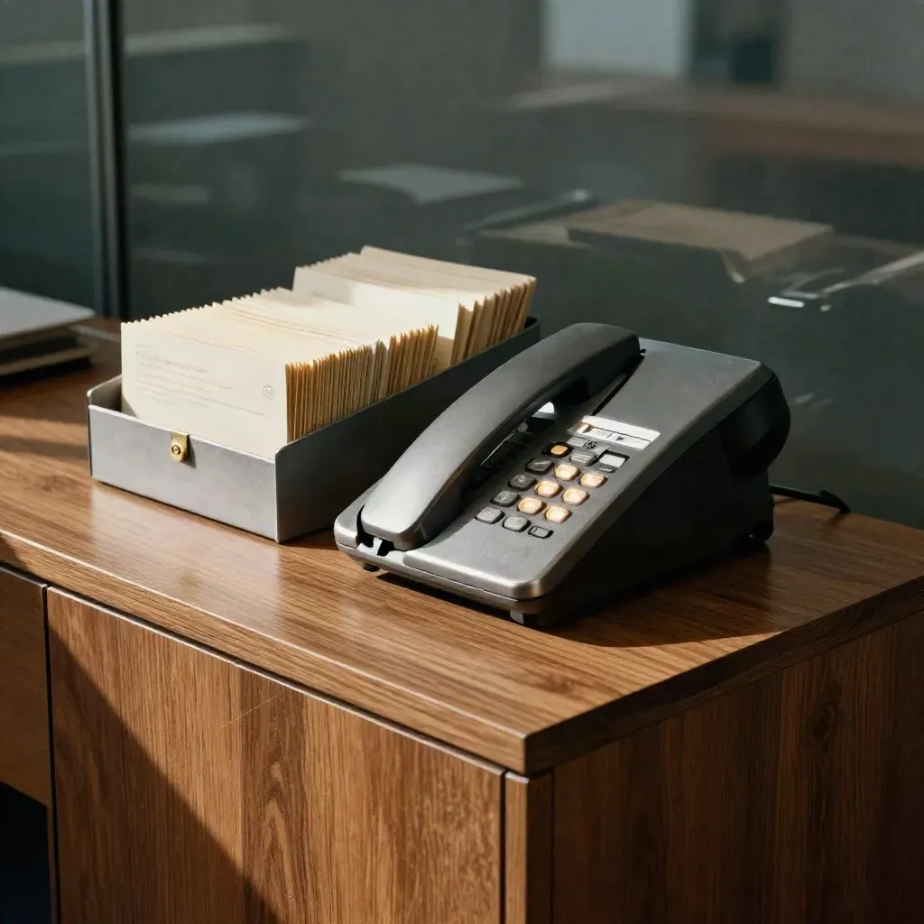 Office phone and fuller inbox tray on a bright credenza, with glowing lights and stacked lead cards