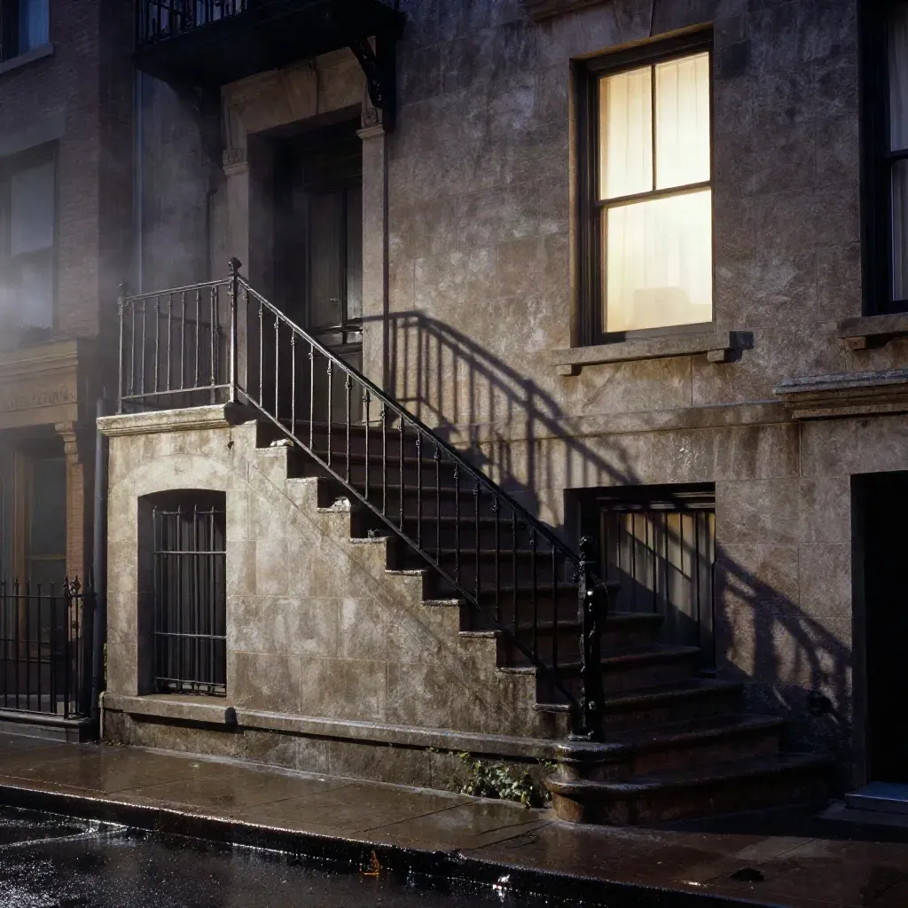 Montreal duplex with wrought-iron stairs glowing after rain at dusk