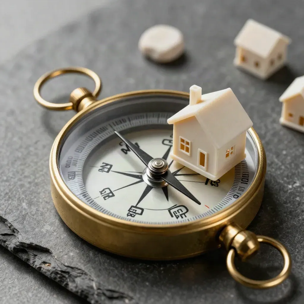 Brass compass beside a tiny house model and slate property chips on textured stone
