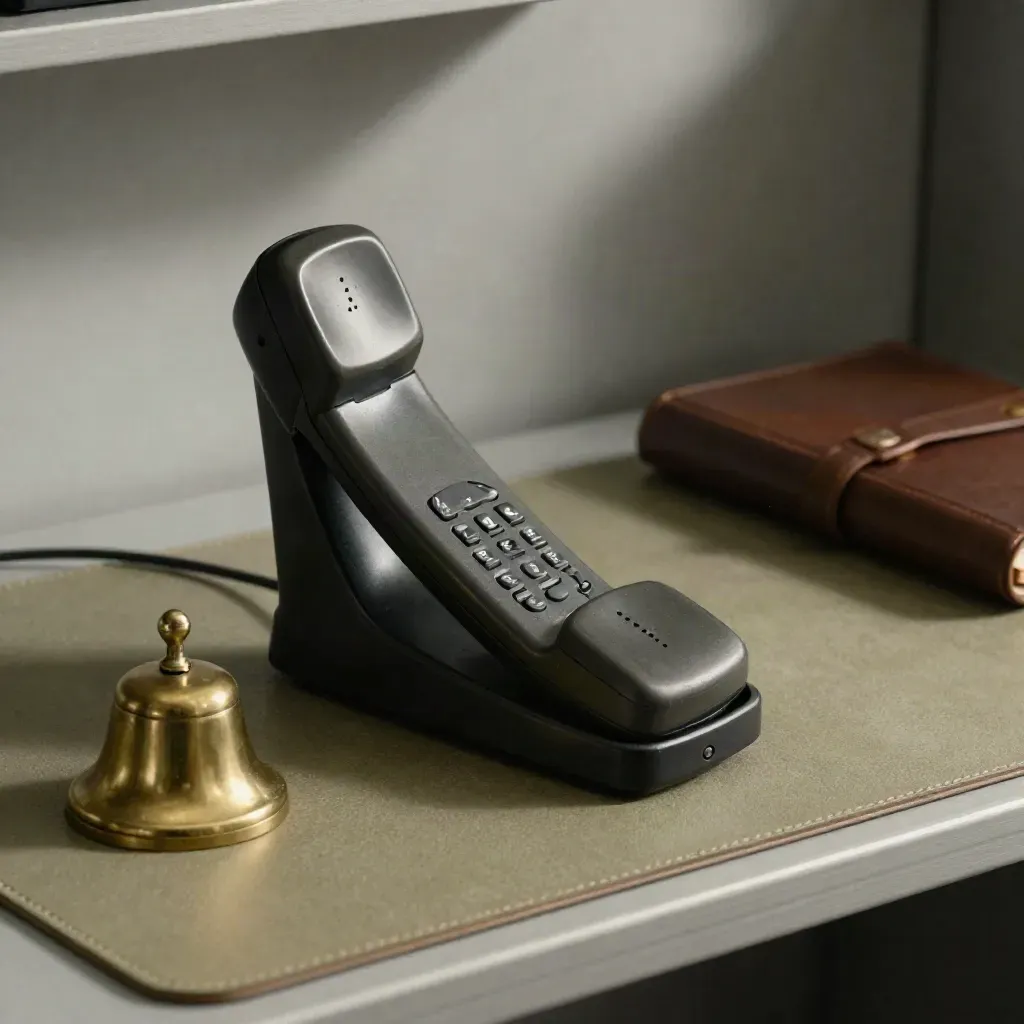 Cordless handset, brass bell, and ledger on a desk mat in dramatic side light.