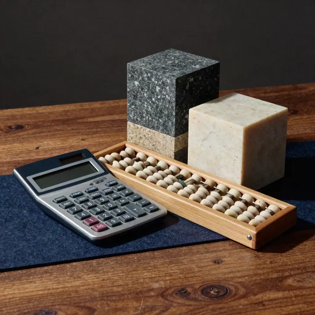 Calculator, counting beads, and stone sample cubes on a walnut surface in dramatic light.
