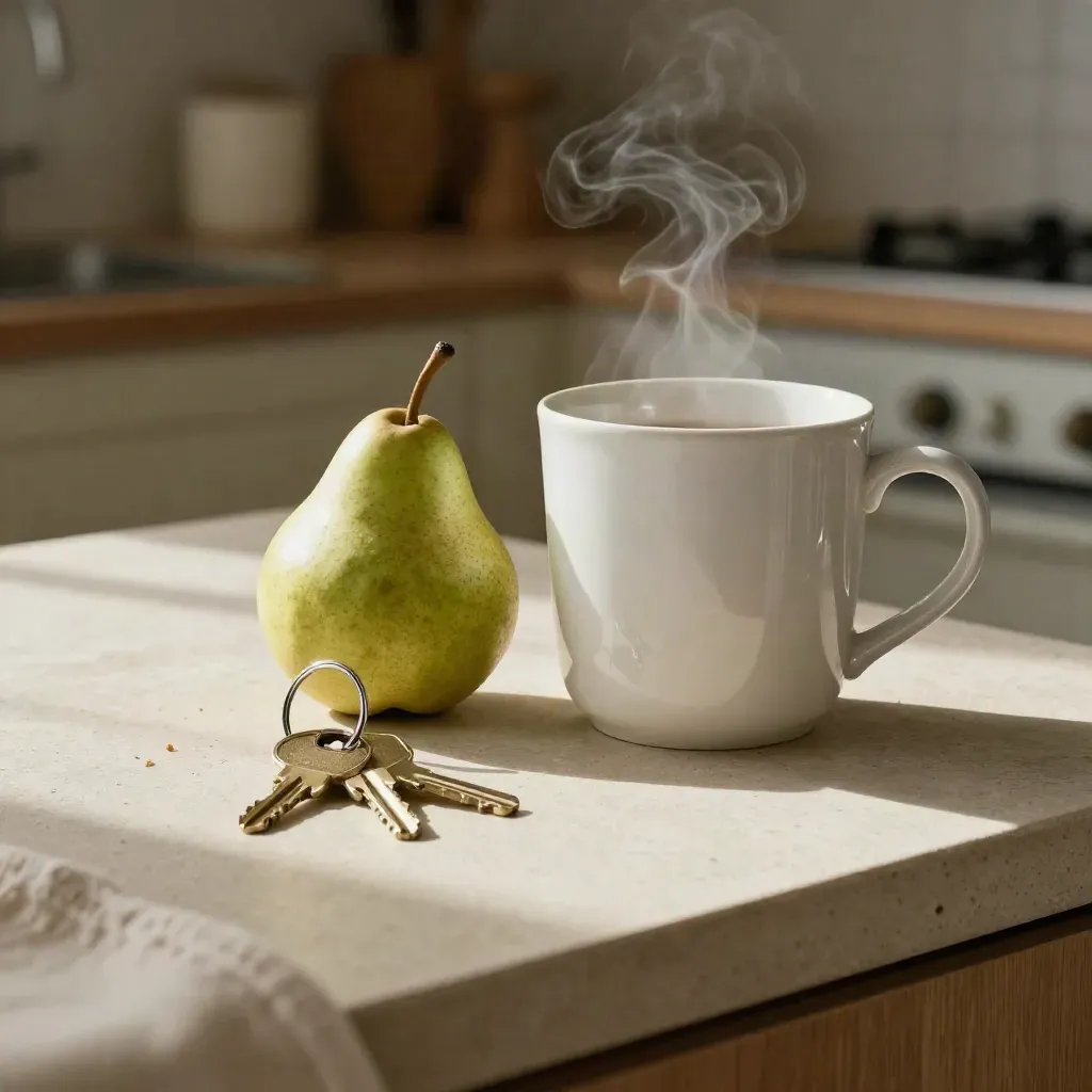 Steam rises from a mug beside pears and house keys on a pale stone kitchen counter.