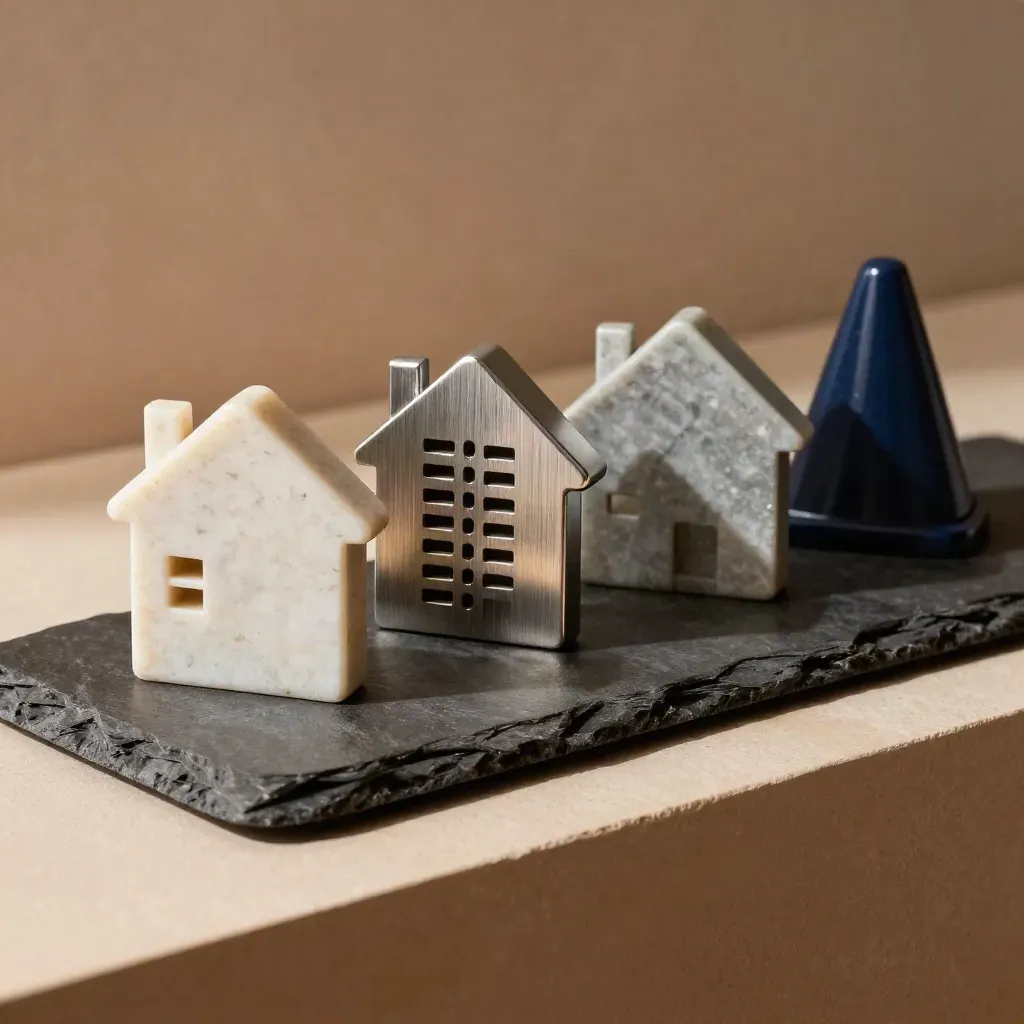 Slate tray of property tokens with an upright navy alert marker on a warm plaster ledge