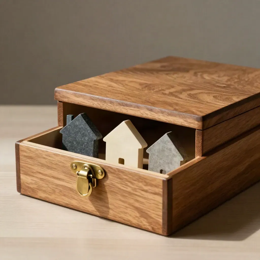 Wooden archive box with brass clasp and house markers on pale oak, softly lit.