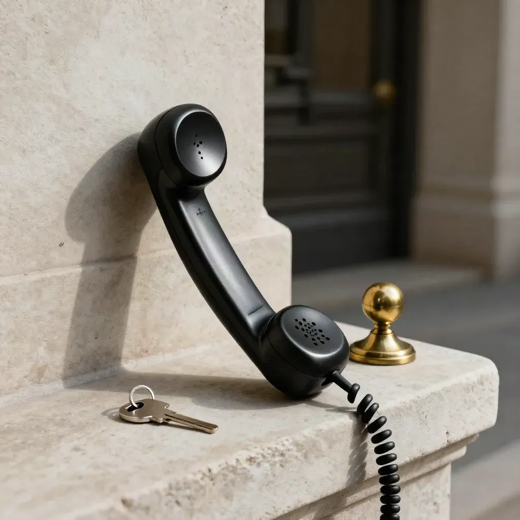 Matte-black handset beside brass doorbell button and key ring on a pale stone ledge