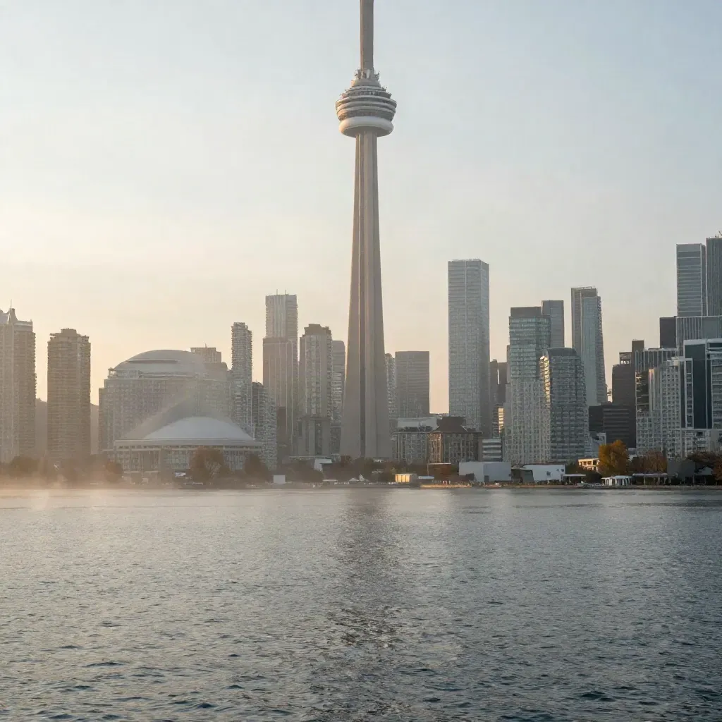CN Tower above Toronto waterfront and misty harbour at sunrise, calm open water below