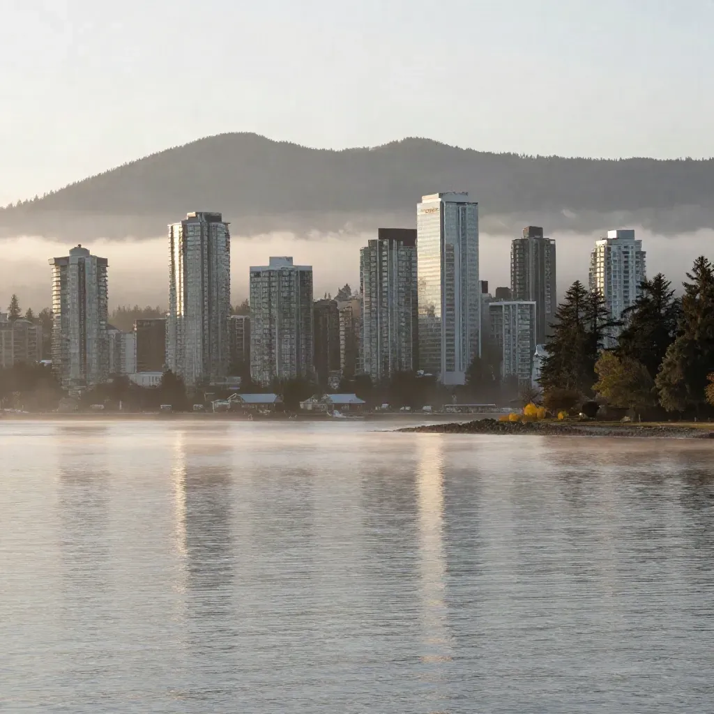 Lower Mainland skyline in sea mist beneath the North Shore mountains at dawn