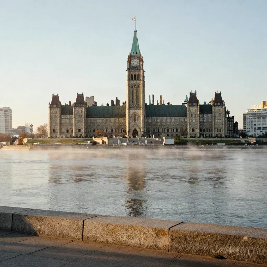 Parliament Hill above the Ottawa River at golden hour with a broad stone foreground.