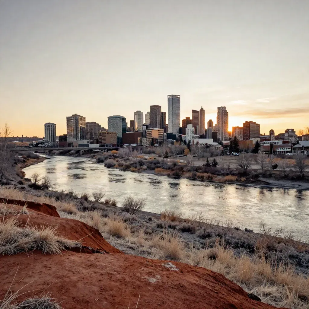 Calgary skyline above the Bow River and prairie at sunset from a bluff