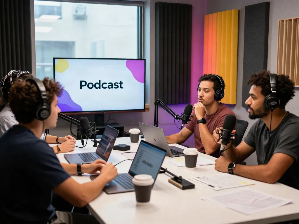 Dynamic podcasting studio scene discussing rokok88 alternatif with creative hosts.